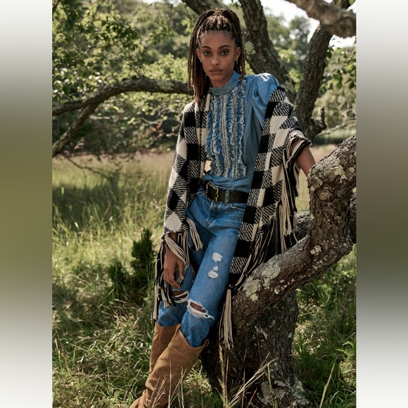 NWT Anthropologie Black and White Plaid Fringe Wrap - Picture 4 of 4